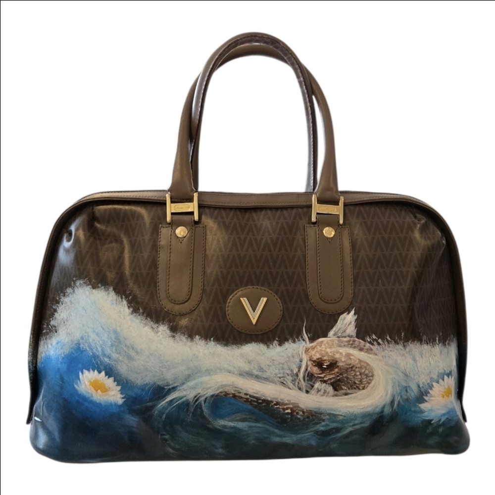 Authentic Valentino Mario V Logo Boston Bag Custom Hand Painted Koi Lotus COA